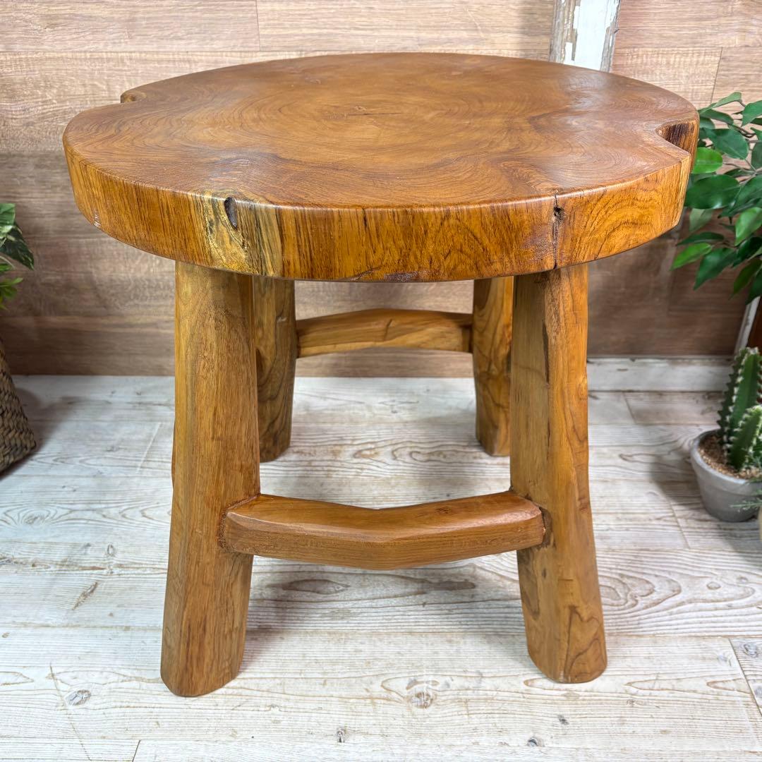 オールドチーク天然無垢材木製創作極太サイドテーブル L（直径54㎝）ウッド飾り台