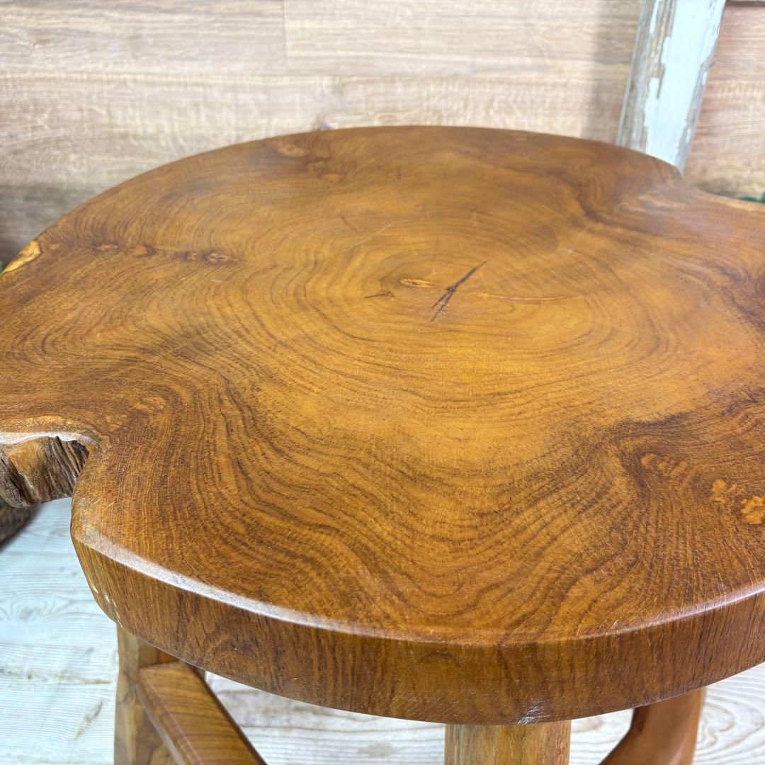 オールドチーク天然無垢材木製創作極太サイドテーブル L（直径54㎝）ウッド飾り台
