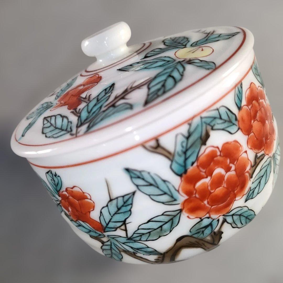 A1372-1/京焼/平安萬珠堂/着彩花鳥文汲出茶碗10客/蓋茶碗/懐石道具/