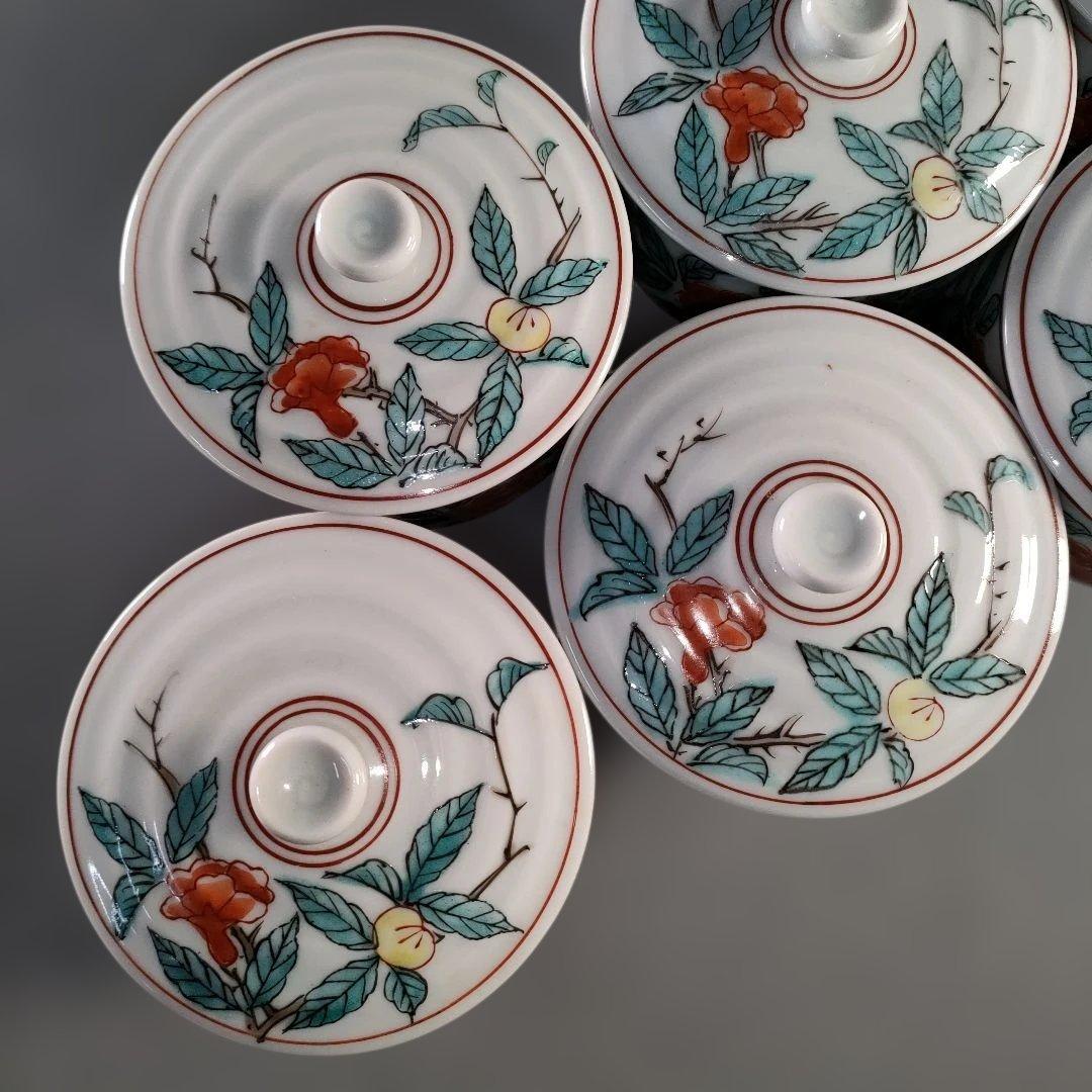 A1372-1/京焼/平安萬珠堂/着彩花鳥文汲出茶碗10客/蓋茶碗/懐石道具/