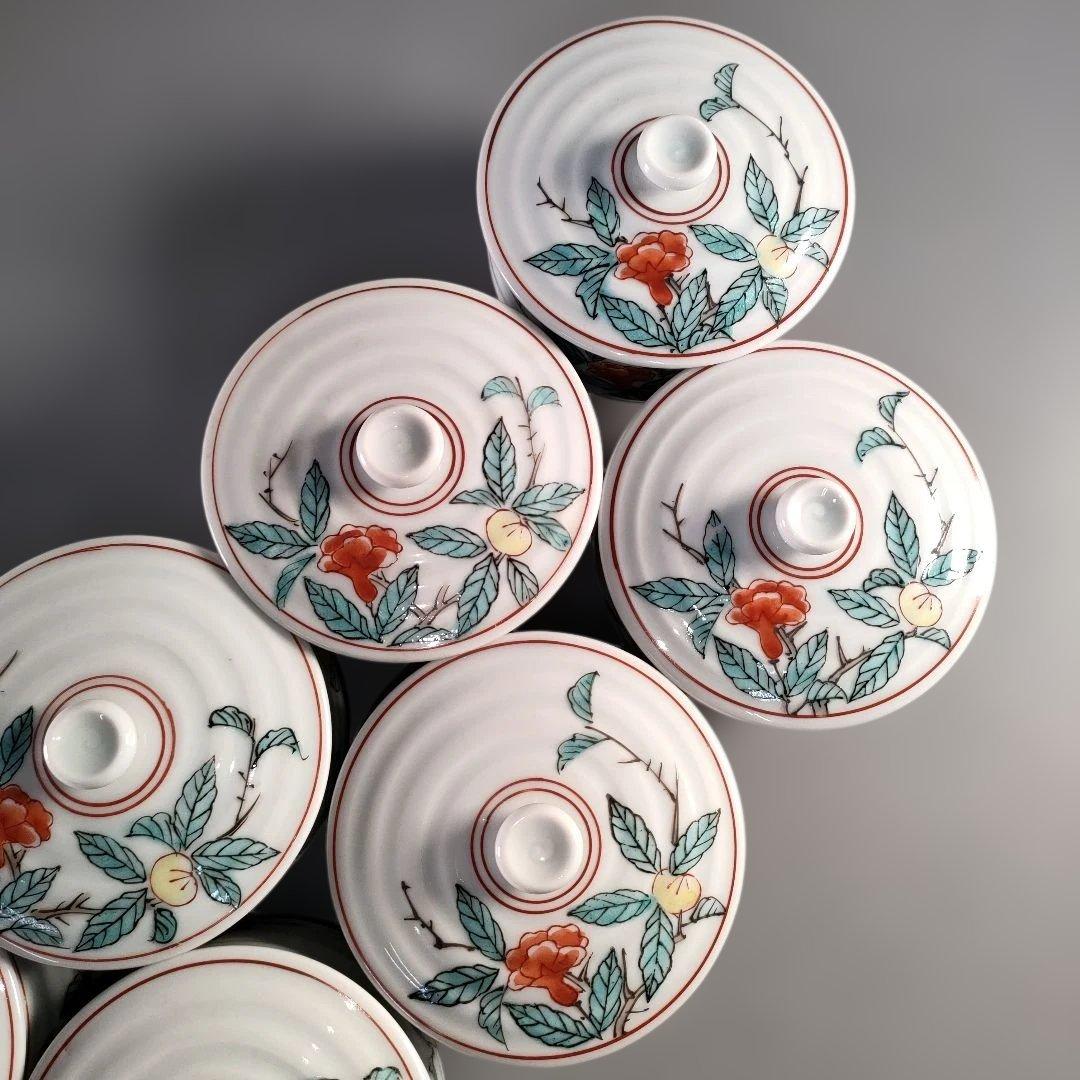 A1372-1/京焼/平安萬珠堂/着彩花鳥文汲出茶碗10客/蓋茶碗/懐石道具/