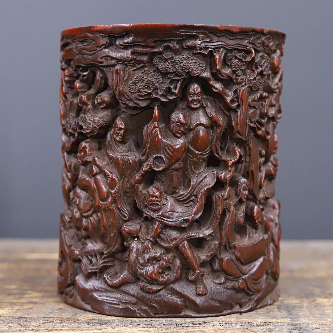 竹 彫刻 十八羅漢 筆箱 置物