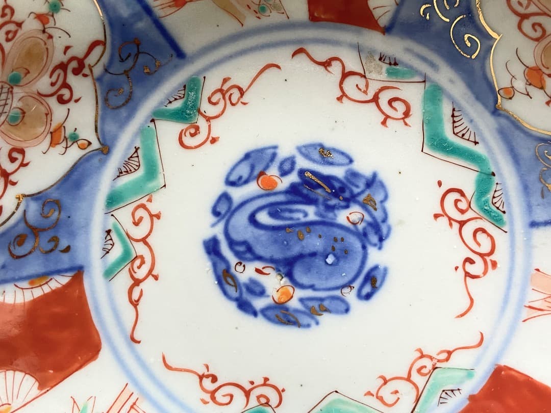 能登蔵出し 時代物 色絵 金彩 クルス窓絵文 輪花 大なます皿/深皿 膾皿