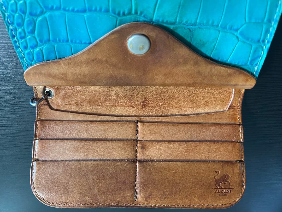 ALZUNI バイカーズレザー 長財布 ターコイズ コンチョ クロコ型押し