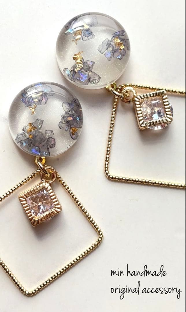 レジン　カボション　スクエア　ハンドメイド　ピアス　イヤリング変更可