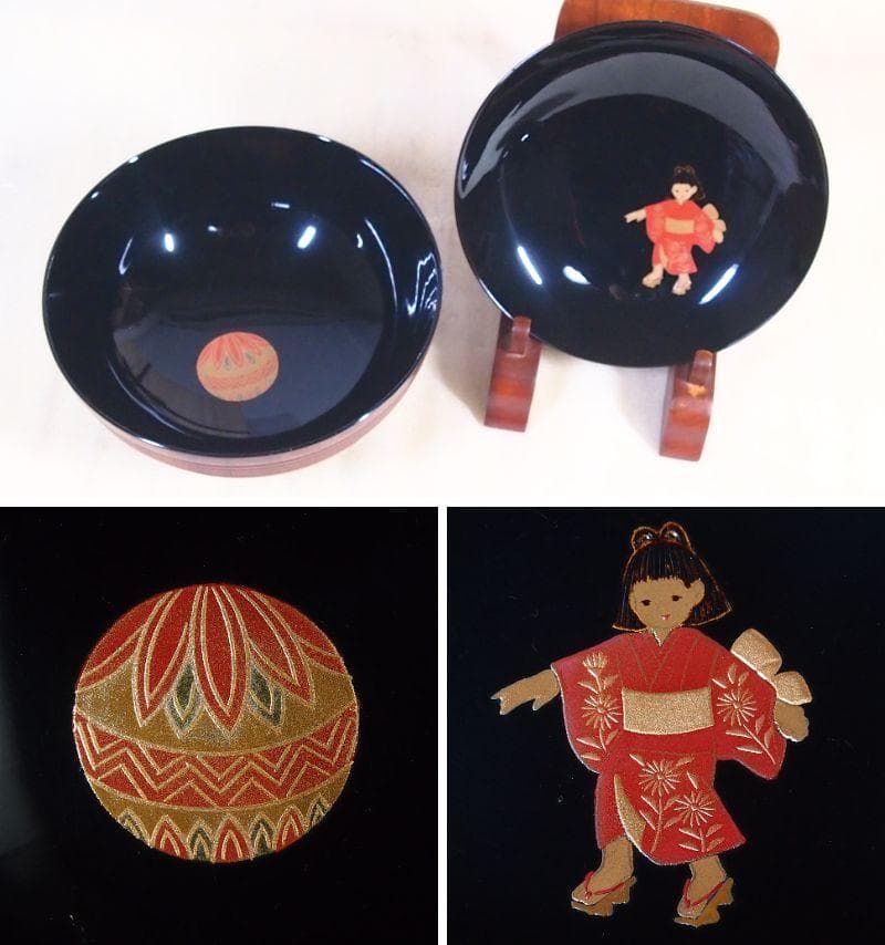 【未使用】輪島塗 童蒔絵 煮物椀 5客 千筋木地呂塗 雑煮椀/大椀 信斎/松斎