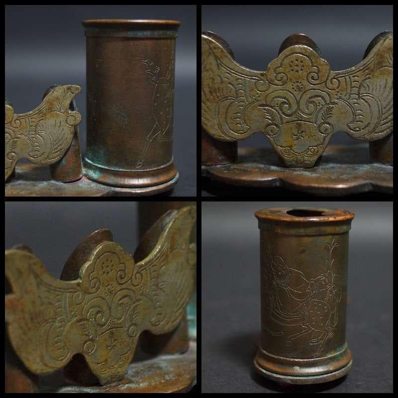 民国期 古月軒在銘 古銅 造形筆置 筆挿し金工細工刻『老子出関図』書斎飾オブジェ