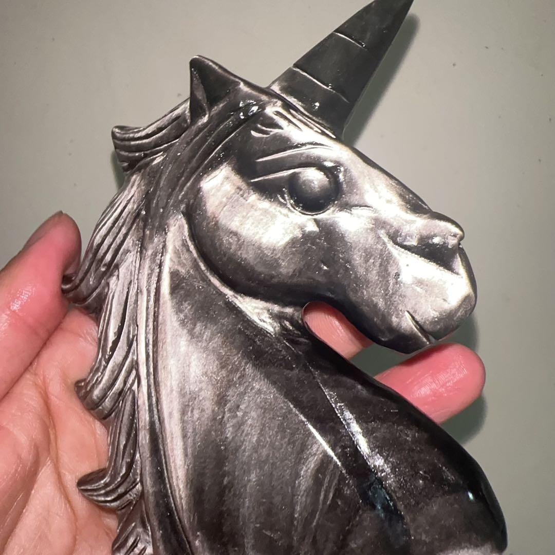 天然石 オブシデイアンのユニコーン　置物　彫り物F.74