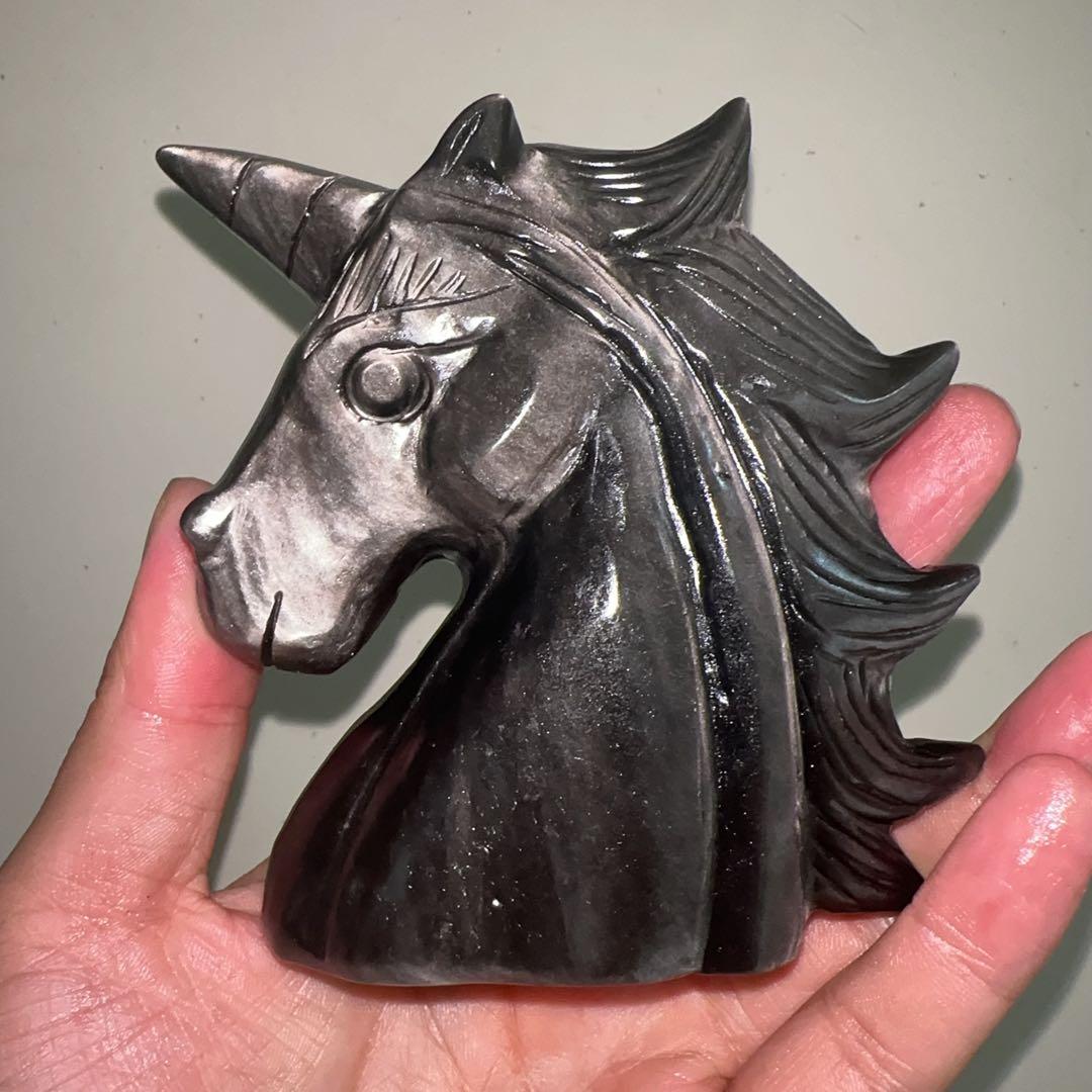 天然石 オブシデイアンのユニコーン　置物　彫り物F.74