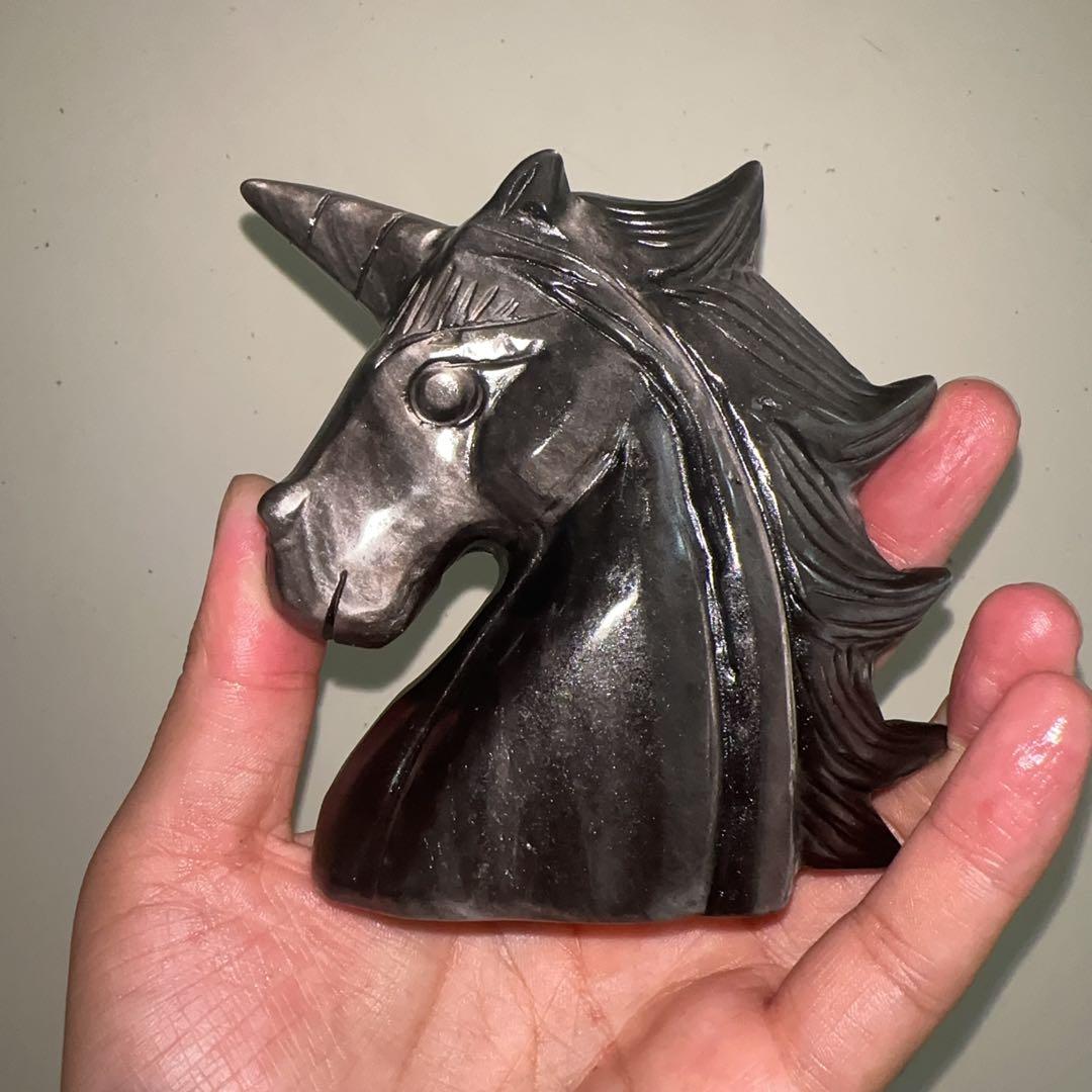 天然石 オブシデイアンのユニコーン　置物　彫り物F.74