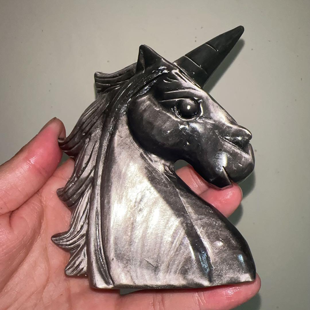 天然石 オブシデイアンのユニコーン　置物　彫り物F.74