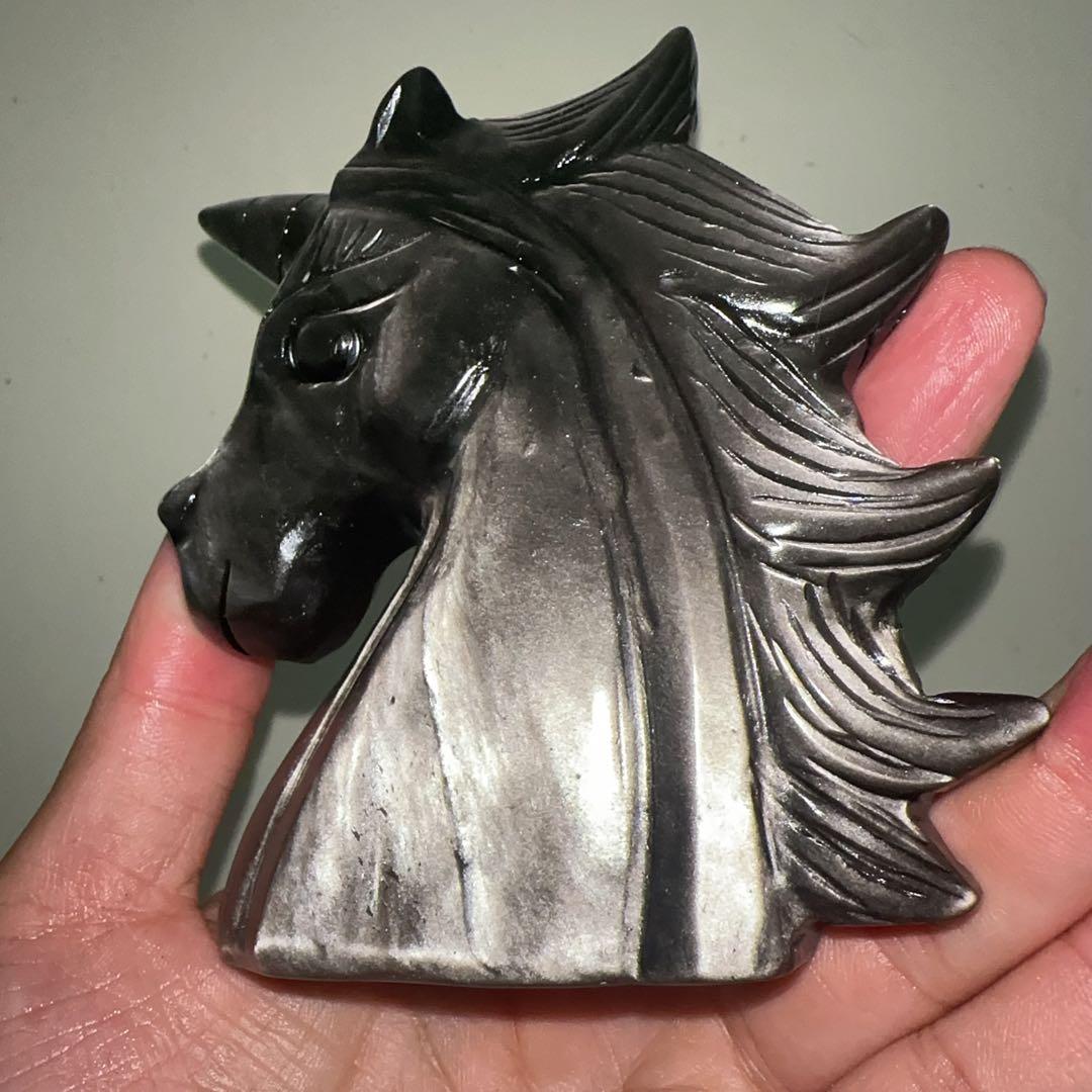 天然石 オブシデイアンのユニコーン　置物　彫り物F.74