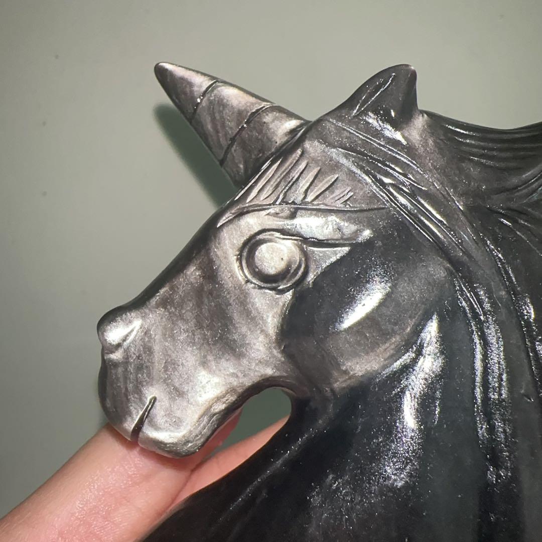 天然石 オブシデイアンのユニコーン　置物　彫り物F.74