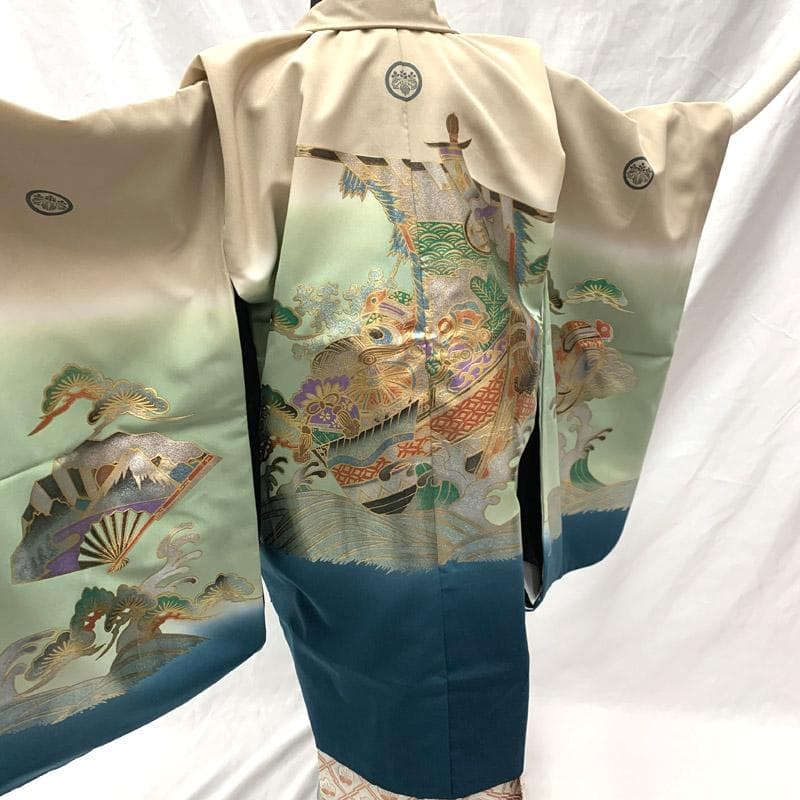 508ab41■七五三 五歳 男児 着物&羽織&袴&角帯 宝船 五つ紋■良好