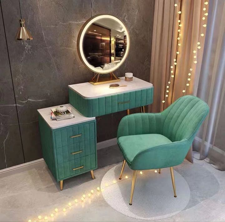 オシャレドレッサー グリーン デスク引き出し1杯LEDミラー　椅子　棚4点セット