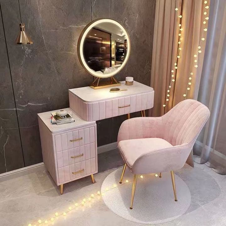 オシャレドレッサー グリーン デスク引き出し1杯LEDミラー　椅子　棚4点セット