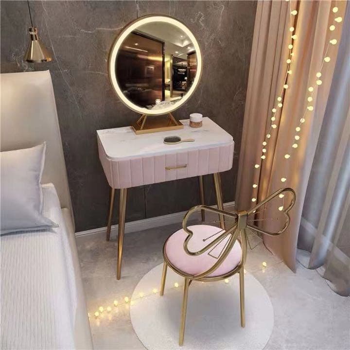 オシャレドレッサー グリーン デスク引き出し1杯LEDミラー　椅子　棚4点セット