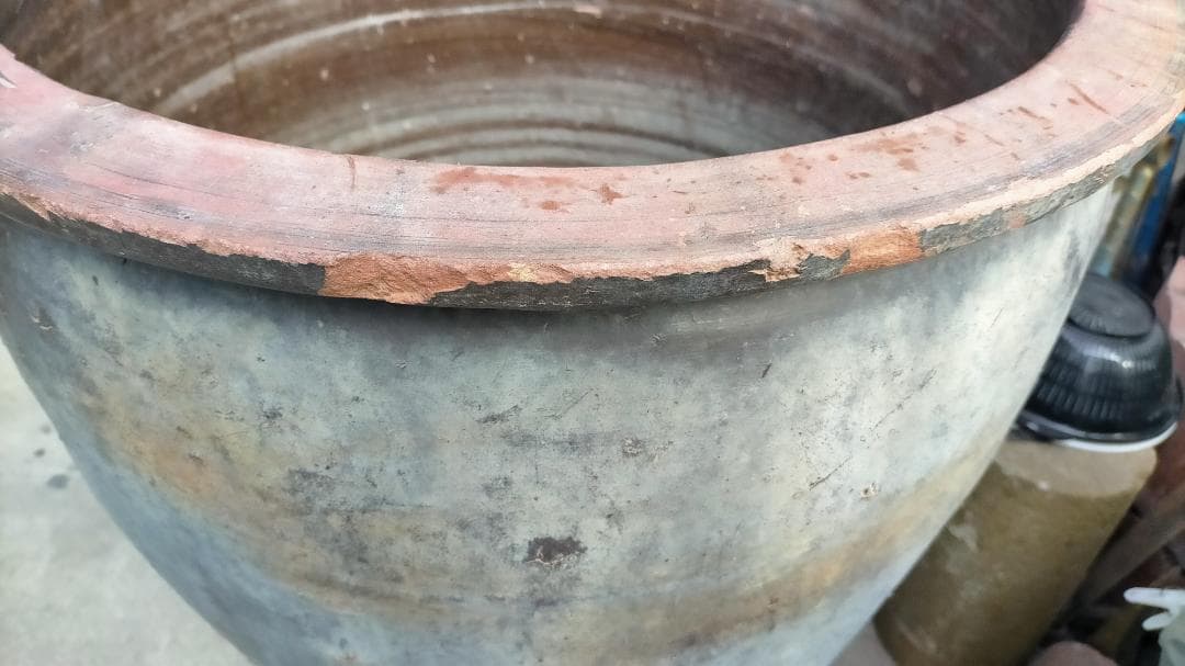 陶器製円筒形水鉢 グレー茶色 ◆【 旧家土蔵品 】 ◆《特大 壺 》◆