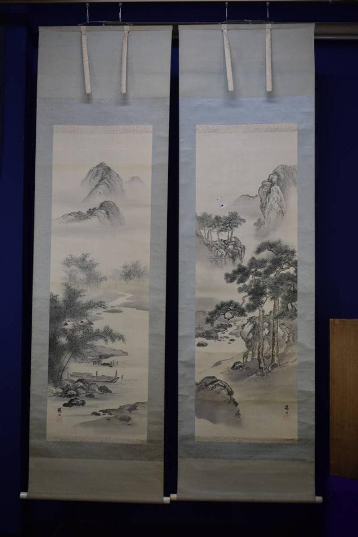 真作/石野龍山/山水屋形舟図/絹表装/双幅/布袋屋掛軸HH-877 - メルカリ