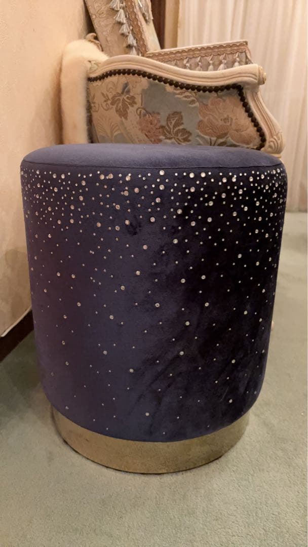 【美品】星空のジュエリースツール☆彡濃紺ネイビー×ゴールド脚のキラキララメの椅子