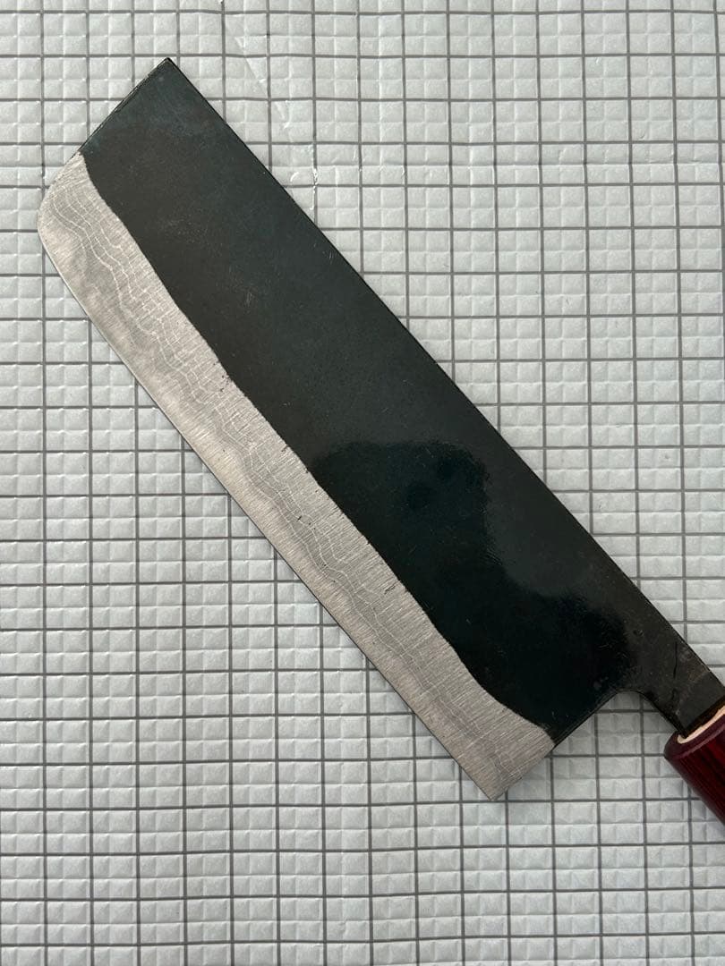 包丁 菜切包丁 菜切 ダマスカス 安来鋼青紙２号 165mm 黒打ち 朴丸柄 ①