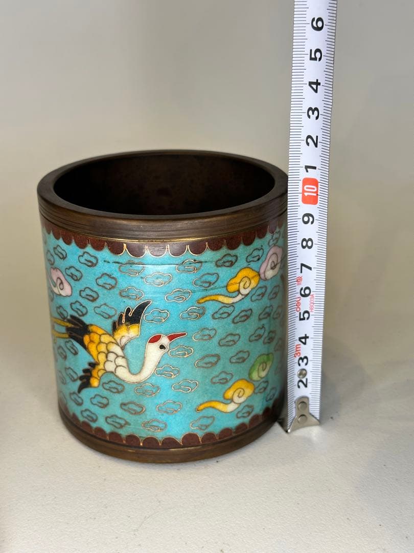 中国 清代 乾隆年制 底款 七宝焼き（景泰蓝）銅製香炉 骨董品 仙鶴と雲