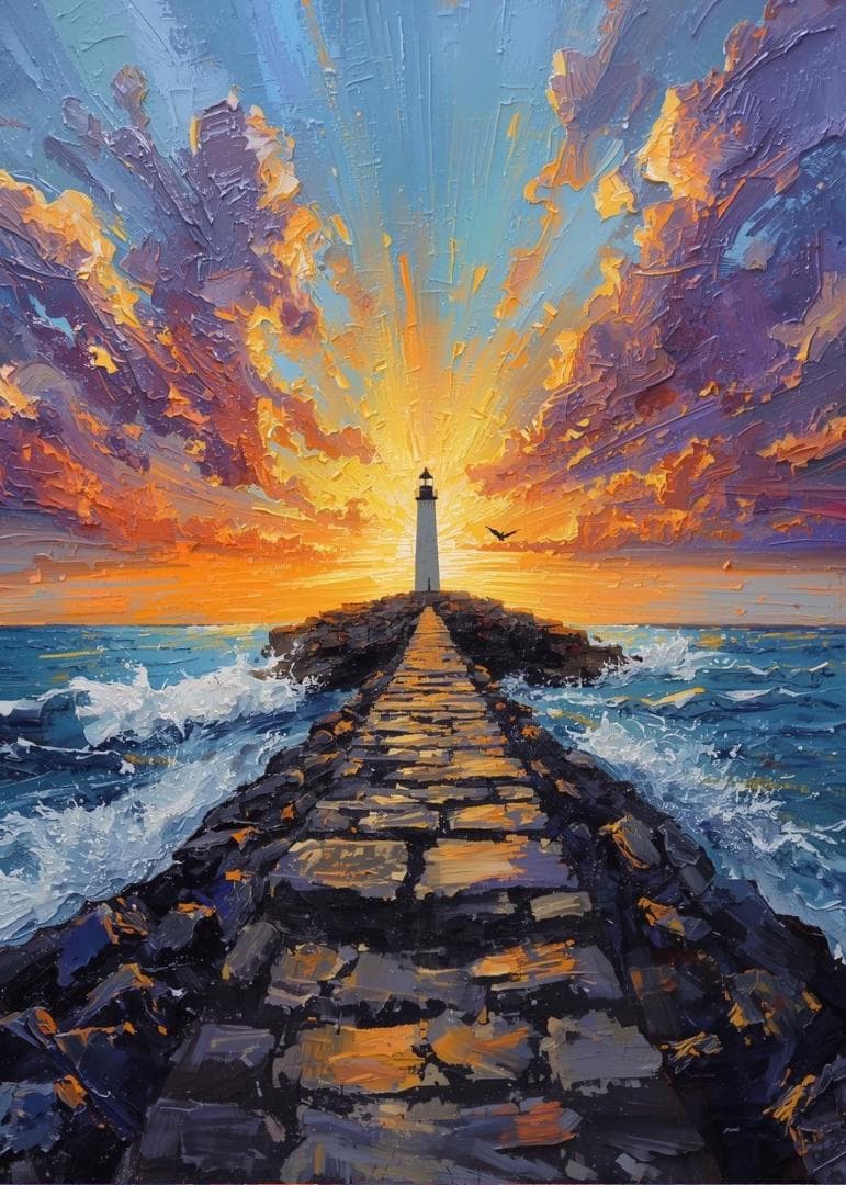 1974 ドラマチックな夕日と灯台油絵風風景画アートポスター海辺の絶景