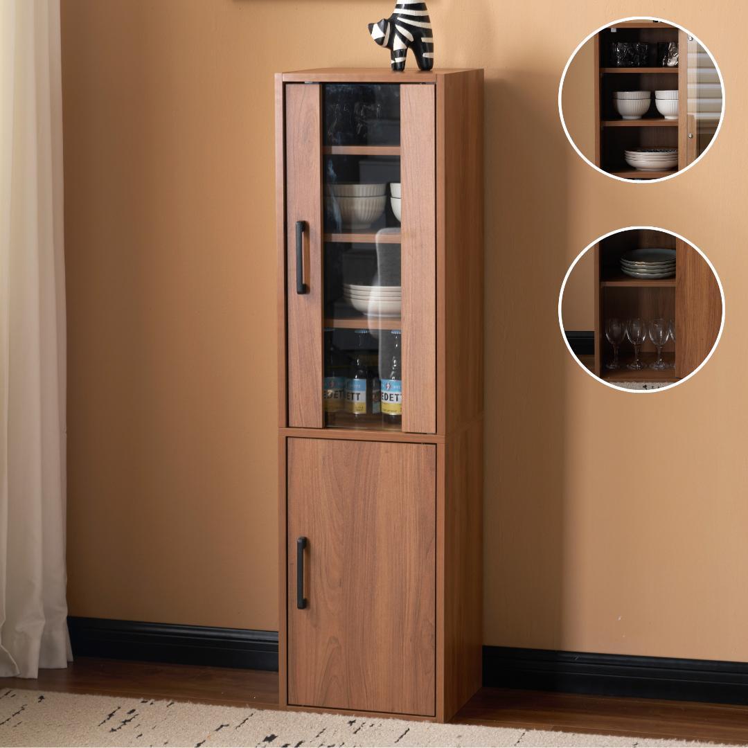 ブラウン 食器棚 収納付き 高さ120㎝ コンパクト カップボード 飾り棚/扉付