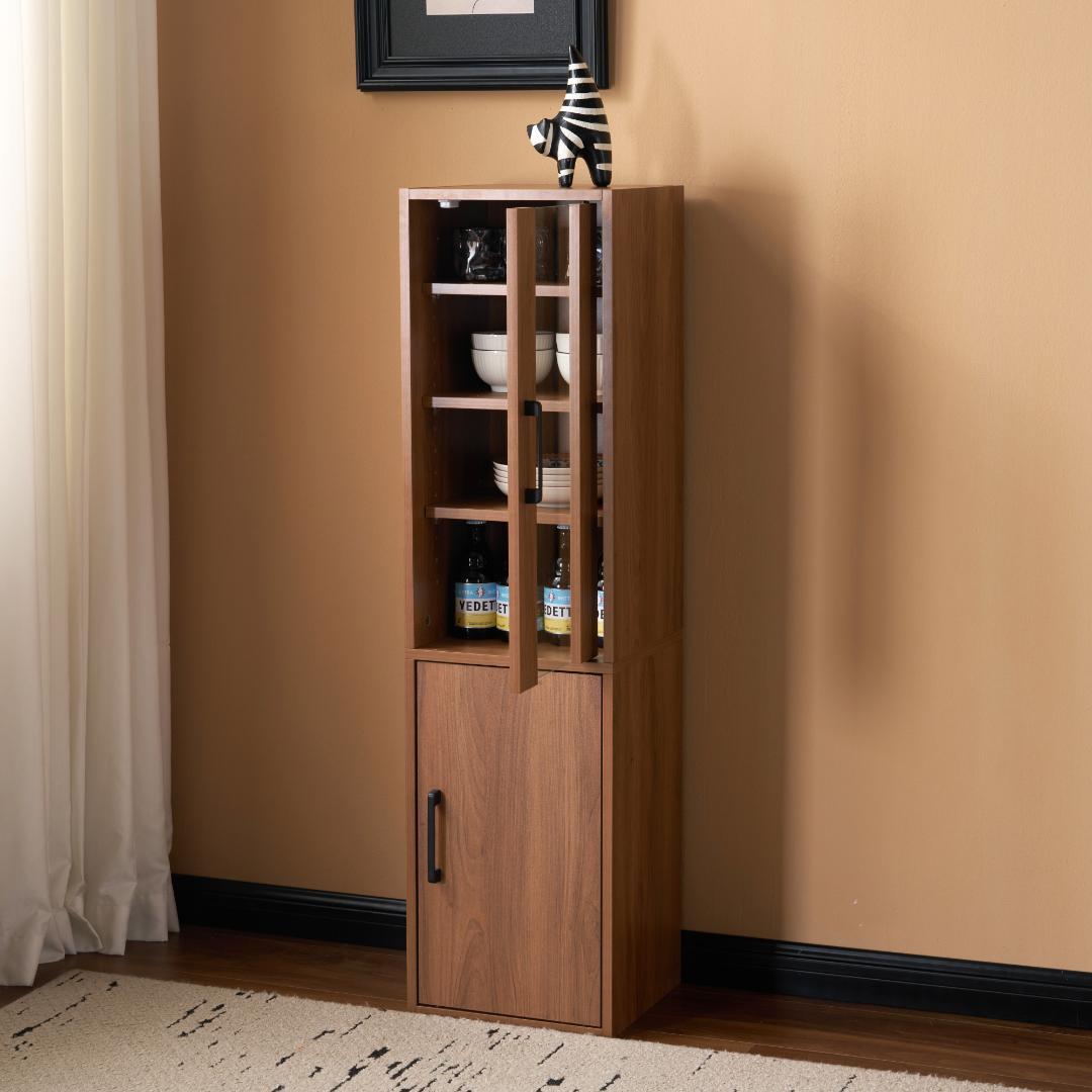 ブラウン 食器棚 収納付き 高さ120㎝ コンパクト カップボード 飾り棚/扉付