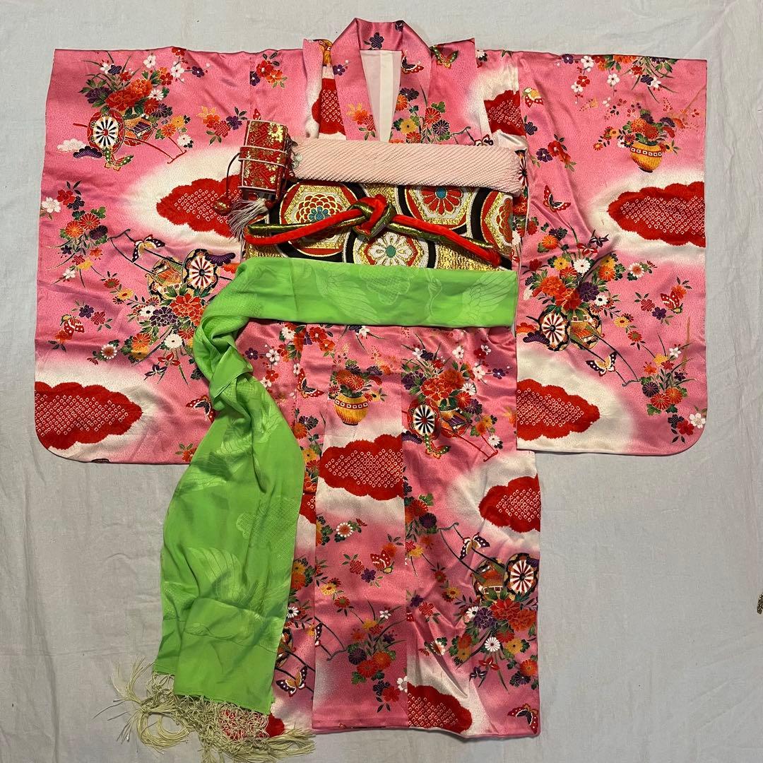 七五三　7歳　ピンク　アンティーク　着物セット　正絹