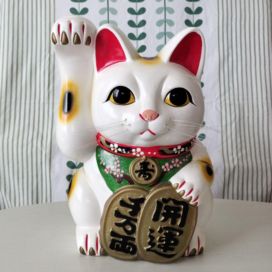 昭和レトロ　招き猫　貯金箱　顔より高い右手上げ　【41.5cm】