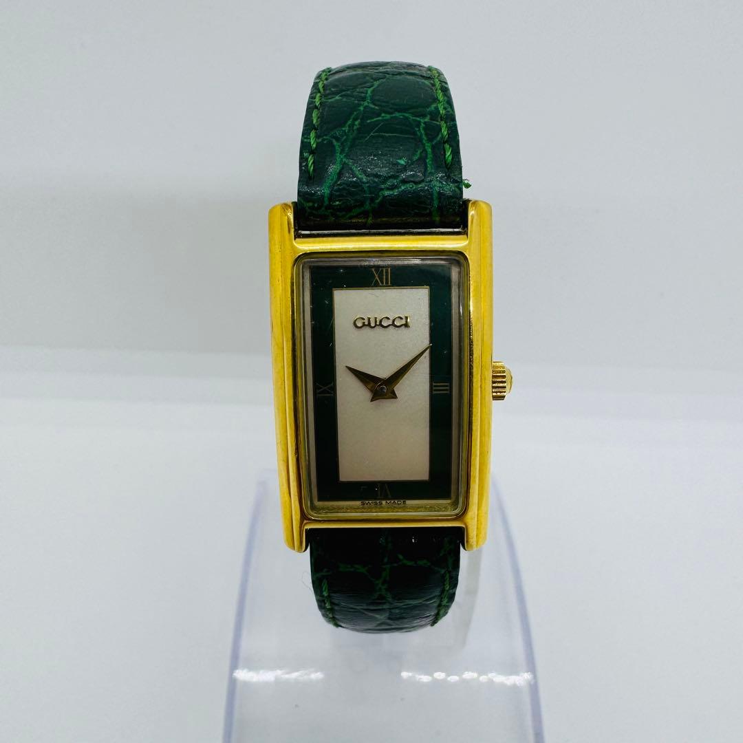 ✨GUCCI✨GG✨2600L✨レザーベルト✨緑/白文字盤✨クオーツ✨腕時計✨