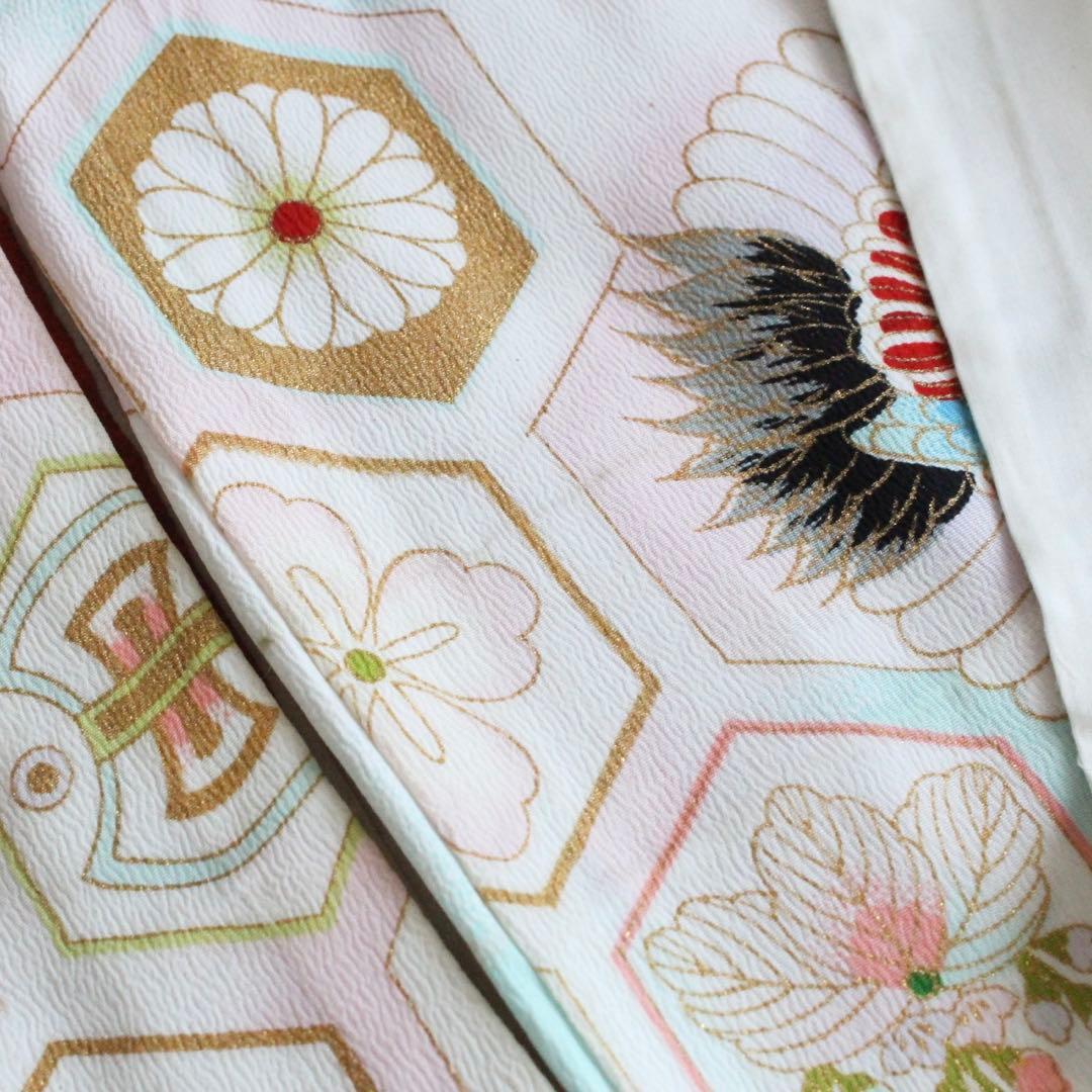 七五三 7歳 女の子 子供 アンティーク 鶴 着物 帯 セット