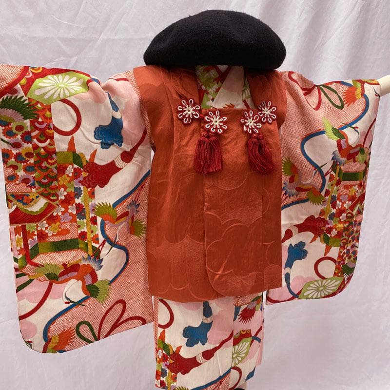 511ag28◎七五三 三歳 女の子 アンティーク着物&被布 レトロ 総柄◎