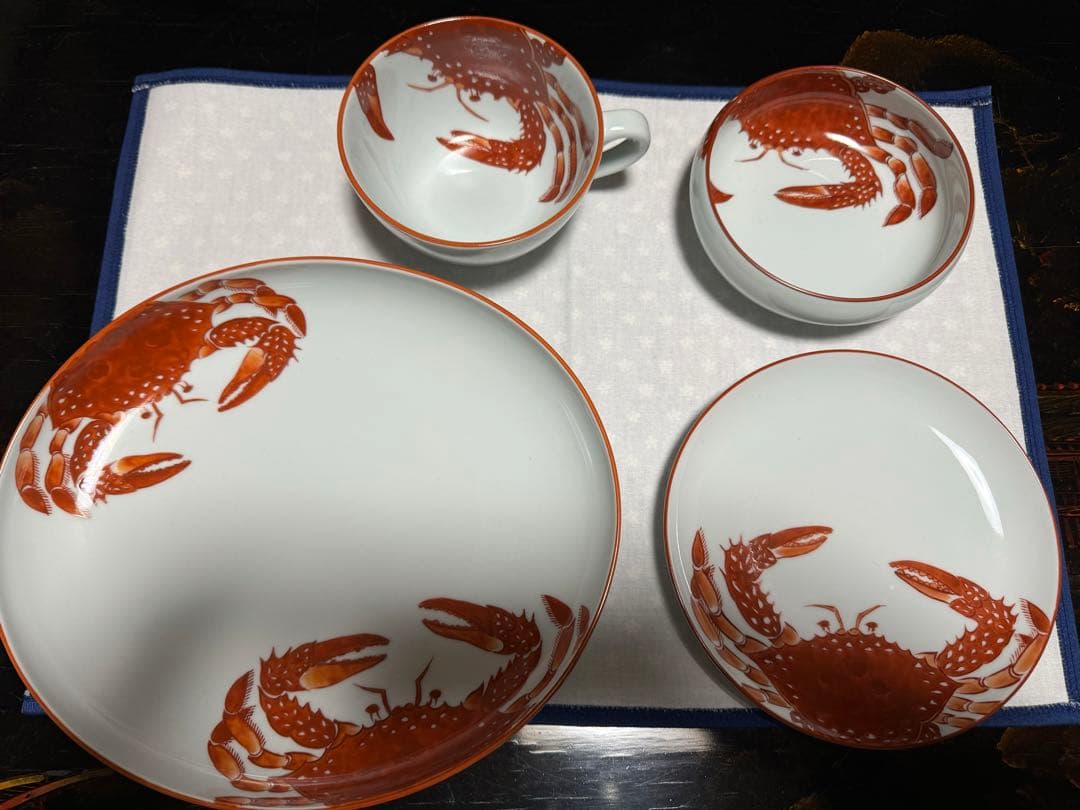 最終価格】源右衛門 青赤カニ柄 食器セット