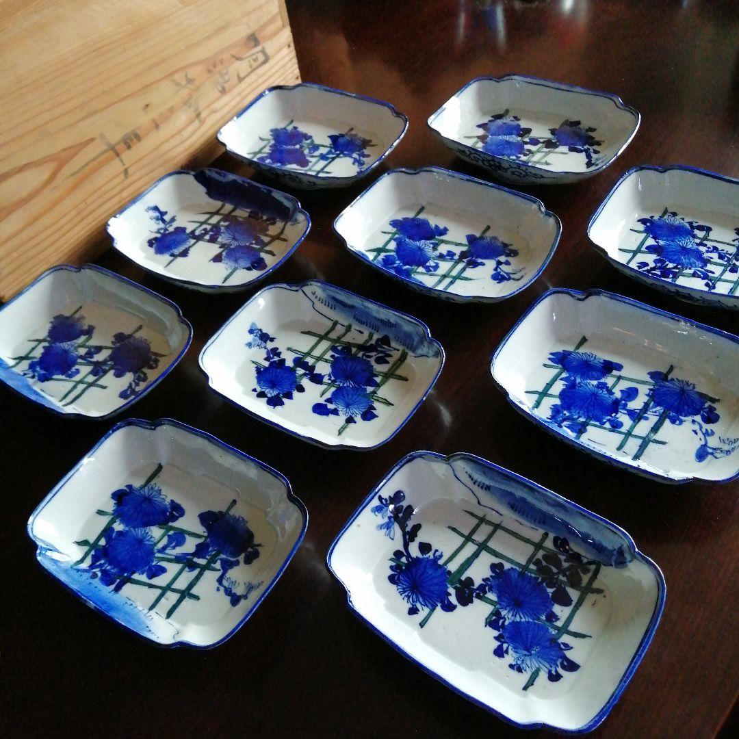 伊万里　染付隅切角皿　10枚　19cm　明治期