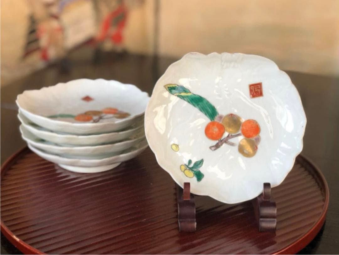 「母」古伊万里 枇杷図 変わり皿 5客 （806Ａ）