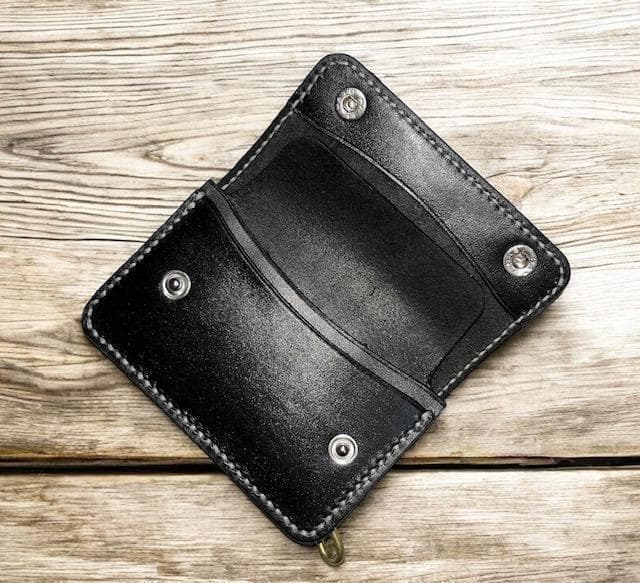 ミニトラッカーウォレット/姫路レザー芯通し黒色/黒色/ステッチ白色