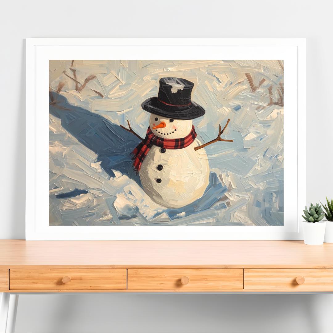A4 赤いマフラーの雪だるまと冬の陽だまり 油絵アート インテリア
