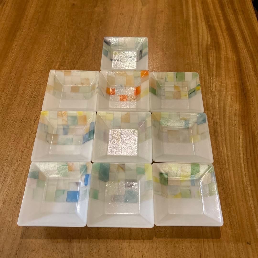 藤本咲　乳白パッチワークガラス皿　10枚