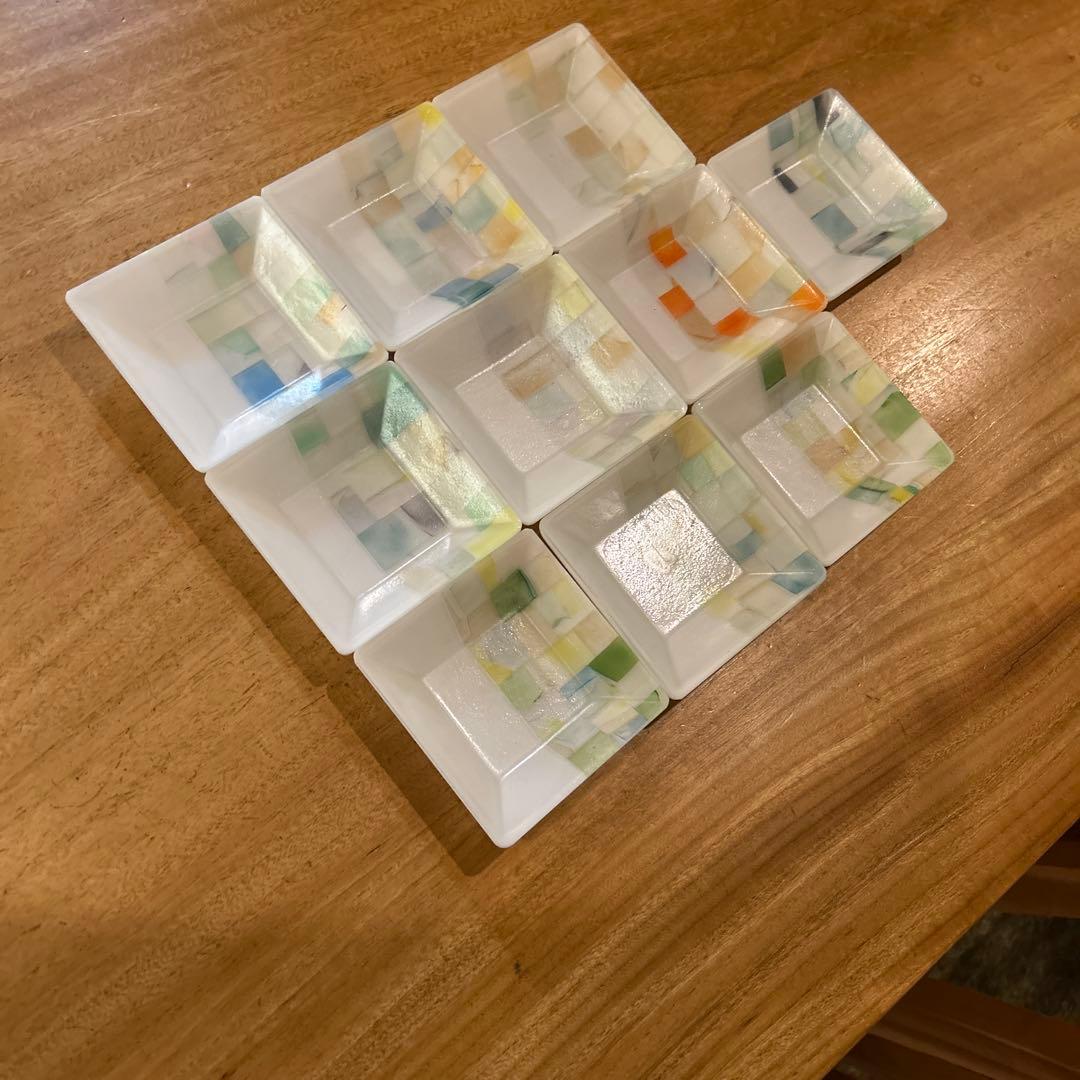 藤本咲　乳白パッチワークガラス皿　10枚