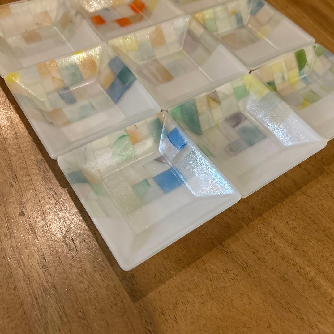 藤本咲　乳白パッチワークガラス皿　10枚