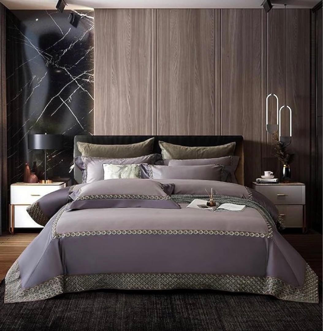 クイーン 寝具セット綿100% 紫 パープル シーツ 枕カバー 掛け布団カバー