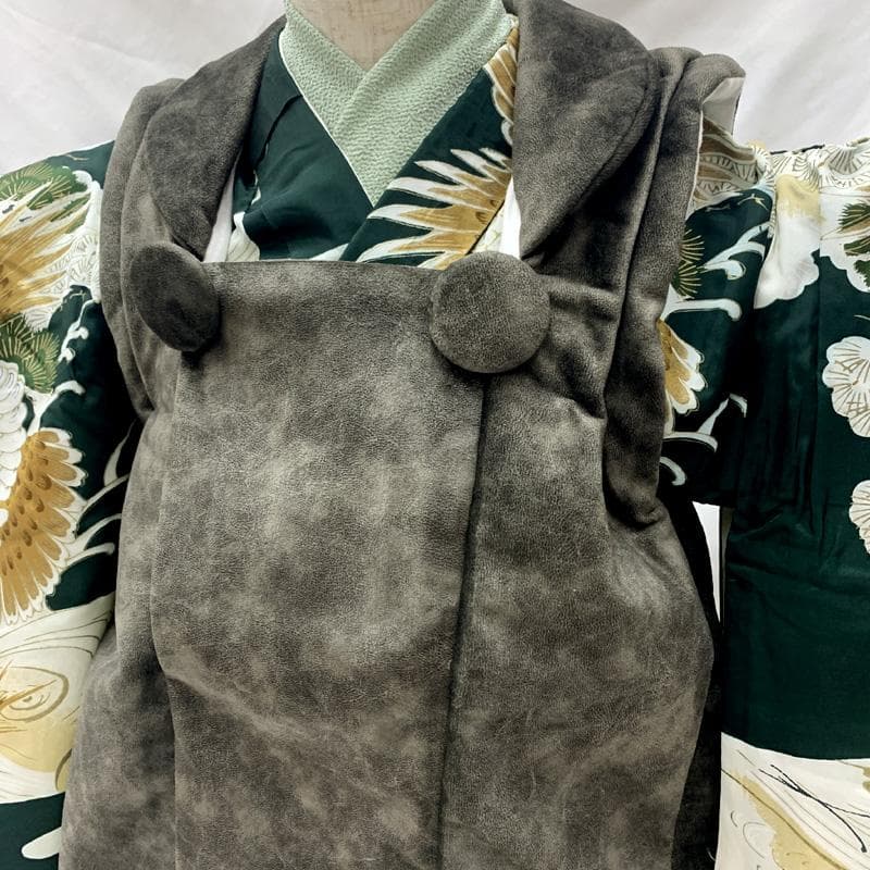 601ab2□七五三 三歳 セミアンティーク 男児 着物&被布 鯉 鷹 緑□美品