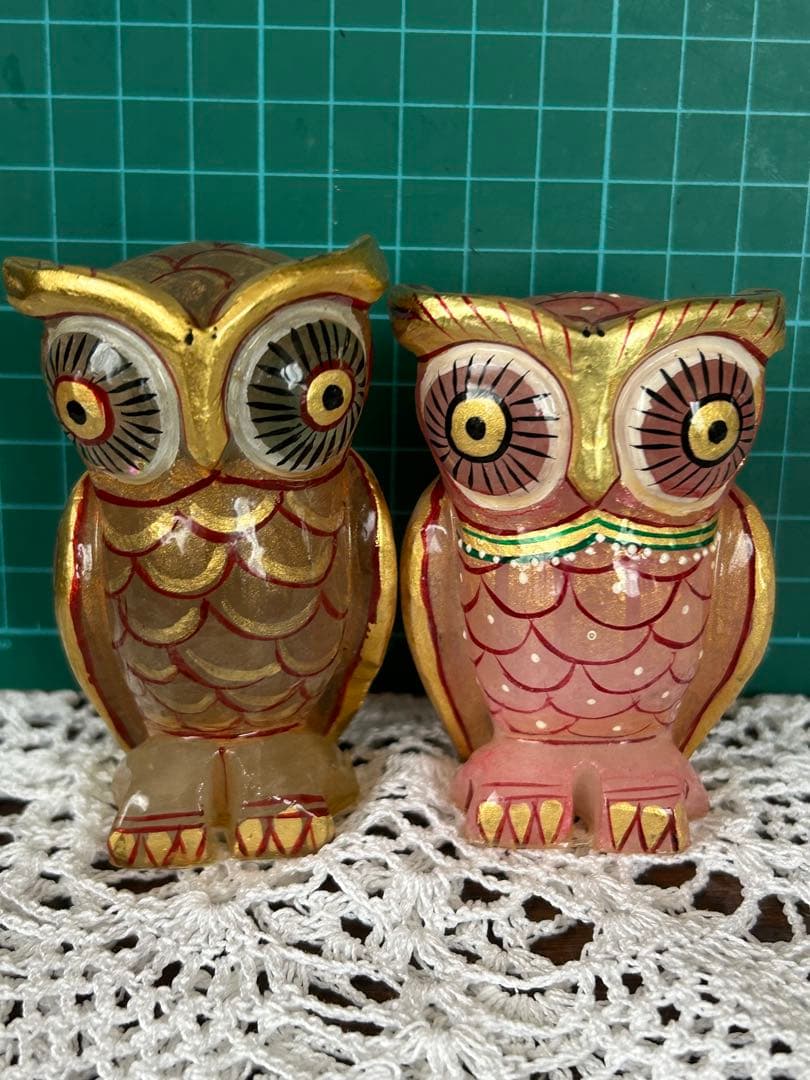 レア【天然石】 ペイント フクロウ ふくろう 梟 ペア 水晶、ローズクォーツ