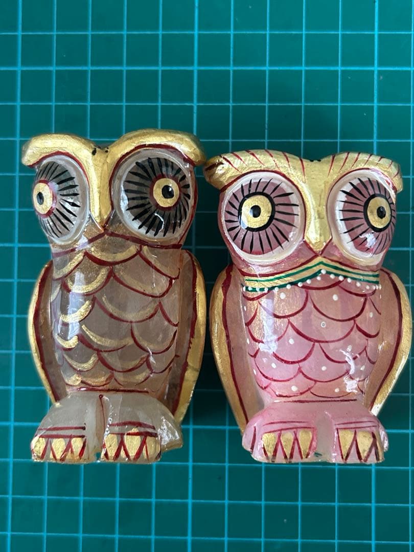 レア【天然石】 ペイント フクロウ ふくろう 梟 ペア 水晶、ローズクォーツ