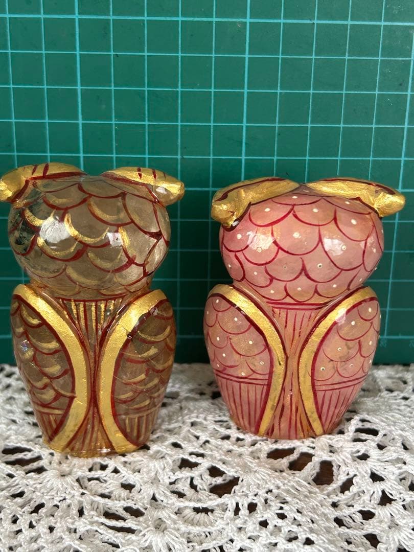レア【天然石】 ペイント フクロウ ふくろう 梟 ペア 水晶、ローズクォーツ