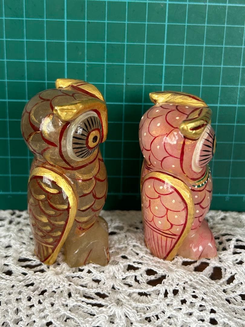 レア【天然石】 ペイント フクロウ ふくろう 梟 ペア 水晶、ローズクォーツ