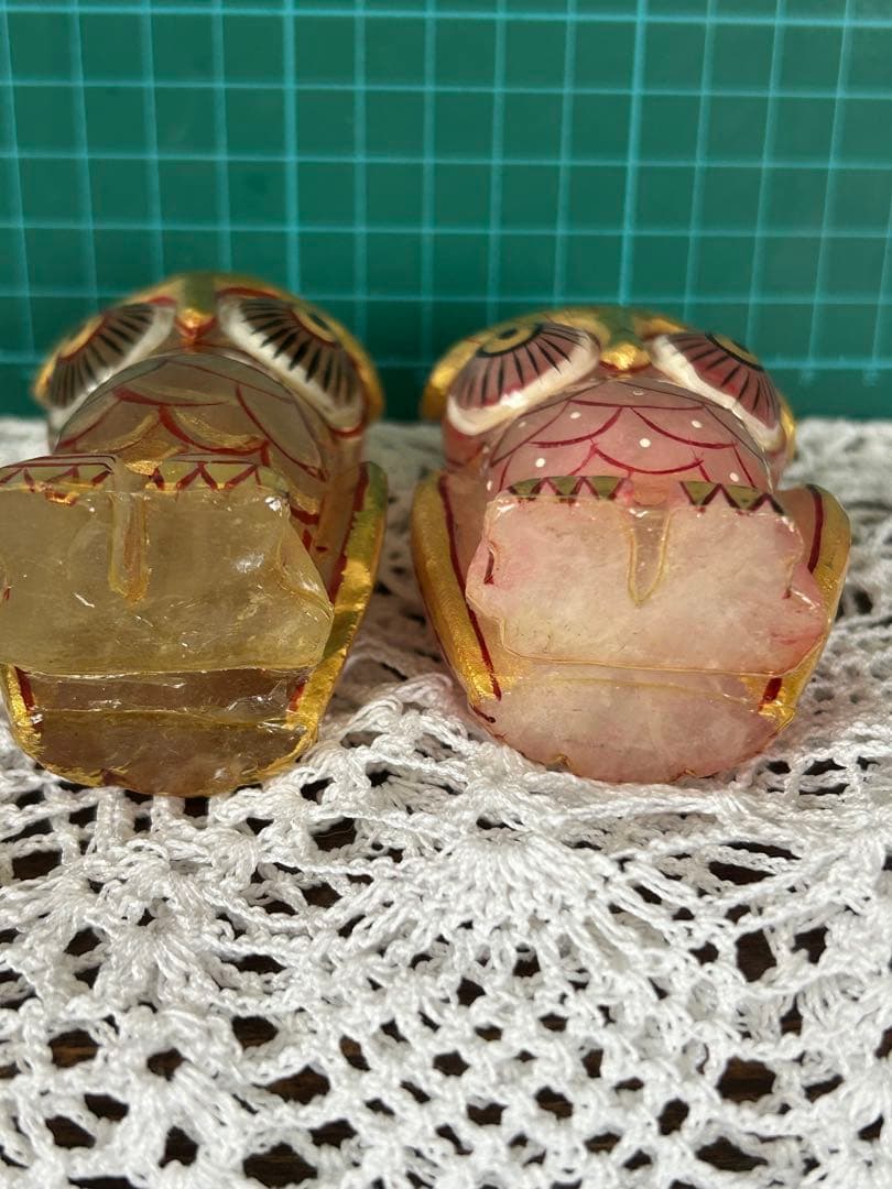 レア【天然石】 ペイント フクロウ ふくろう 梟 ペア 水晶、ローズクォーツ