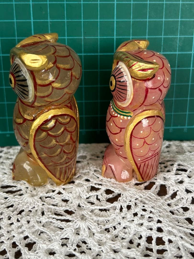 レア【天然石】 ペイント フクロウ ふくろう 梟 ペア 水晶、ローズクォーツ